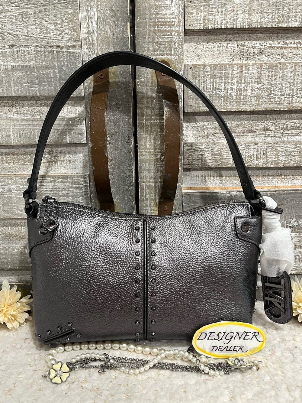 MICHAEL KORS Astor Re-Edition Leather Pouchette Bag Pewter NWT